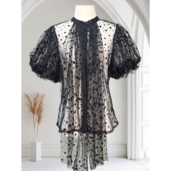NEW Polka Dot Sheer Black Puff Sleeve Button-Up Blouse By Haute Monde Size S - Picture 2 of 13